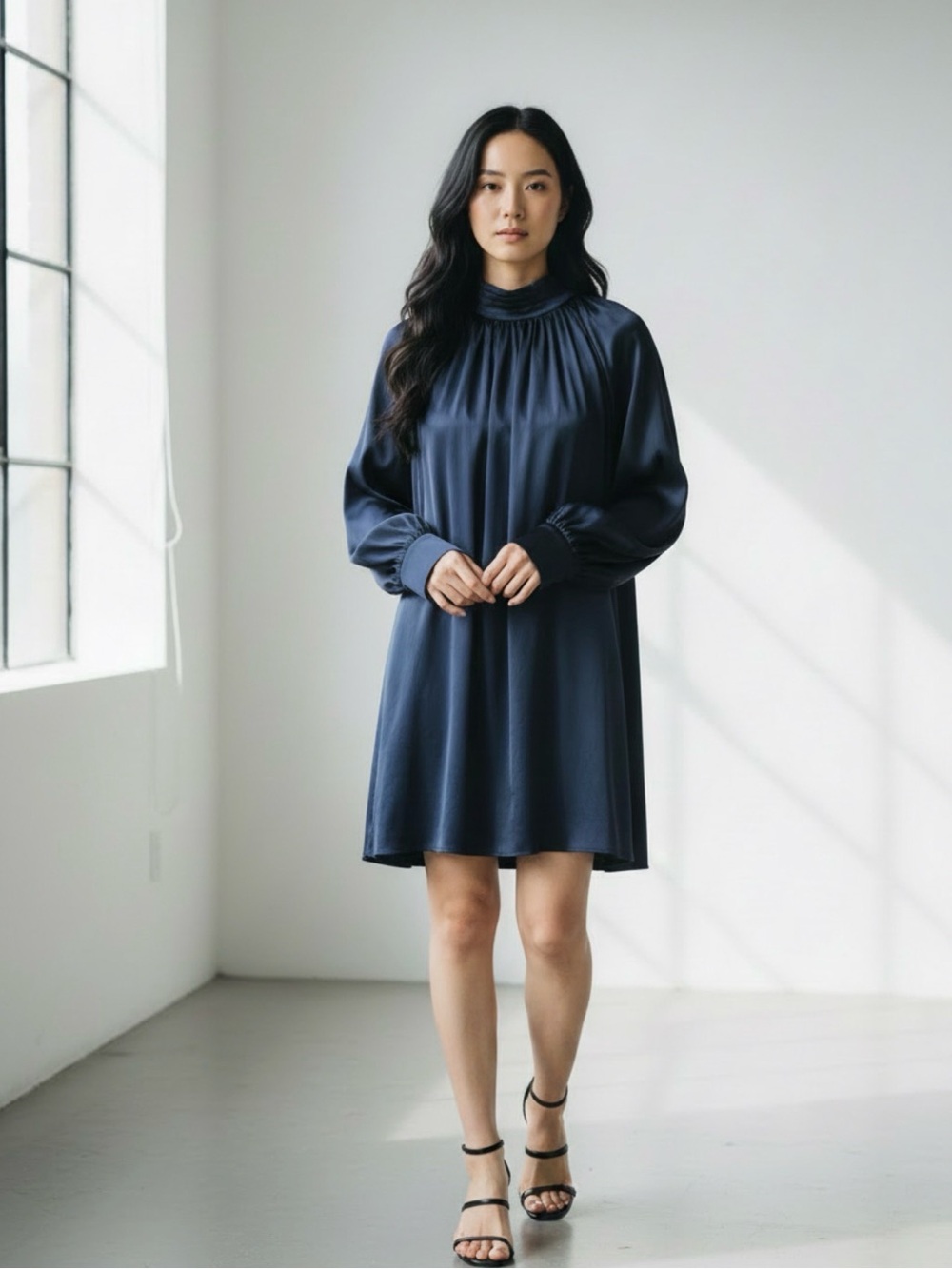 H&M Navy High-Neck Long-Sleeve Shift Dress
